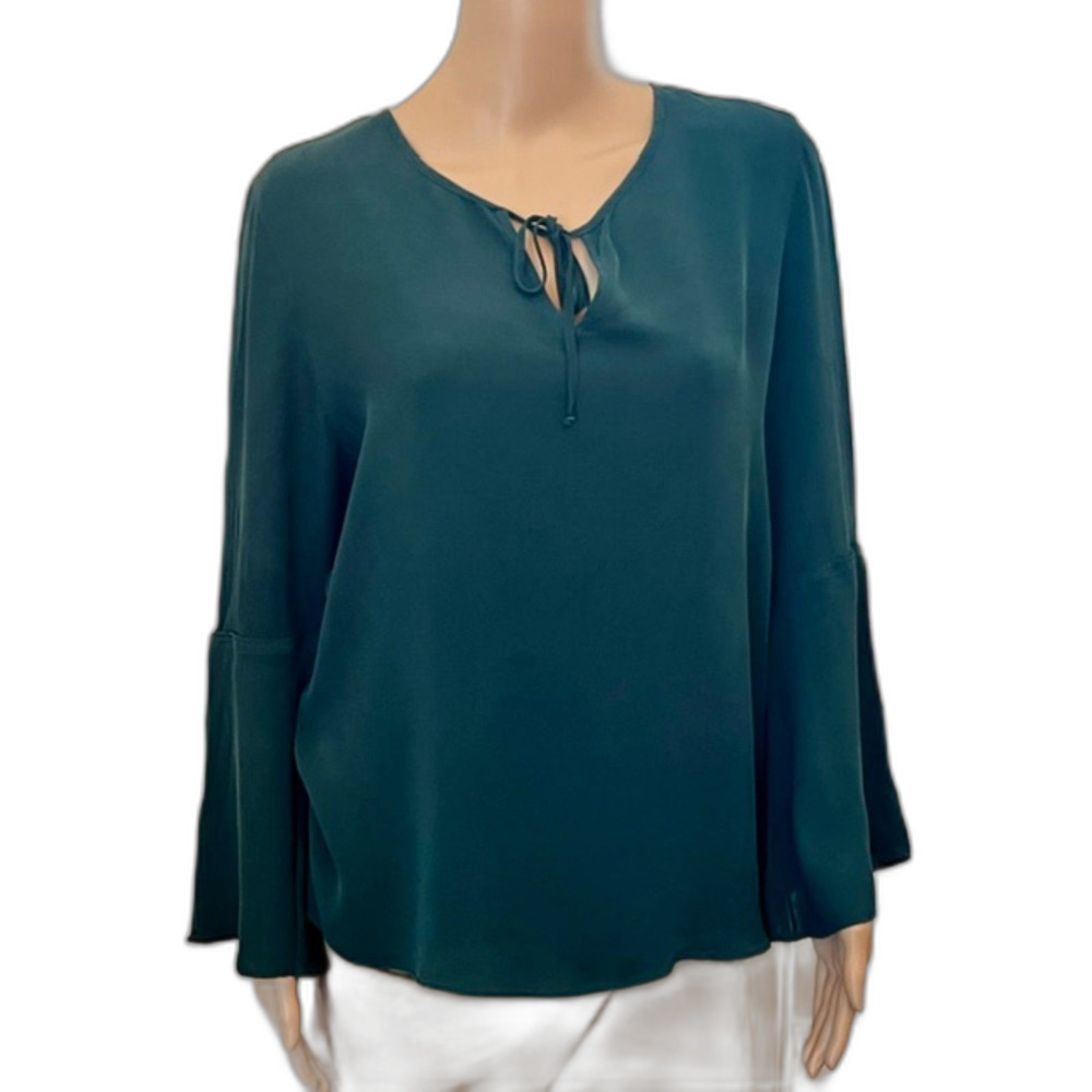 SZ L KOBI HALPERIN Green Silk Long Bell Sleeve Blouse w String Tie at Neck